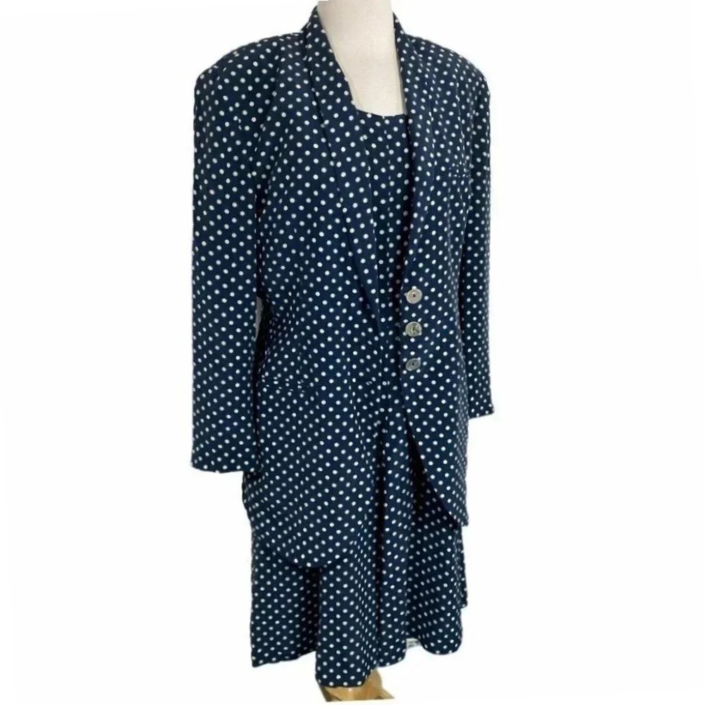Georges Rech Dress Suit 40 Navy Polka Dot Silk Blazer & Dress Set Made in France